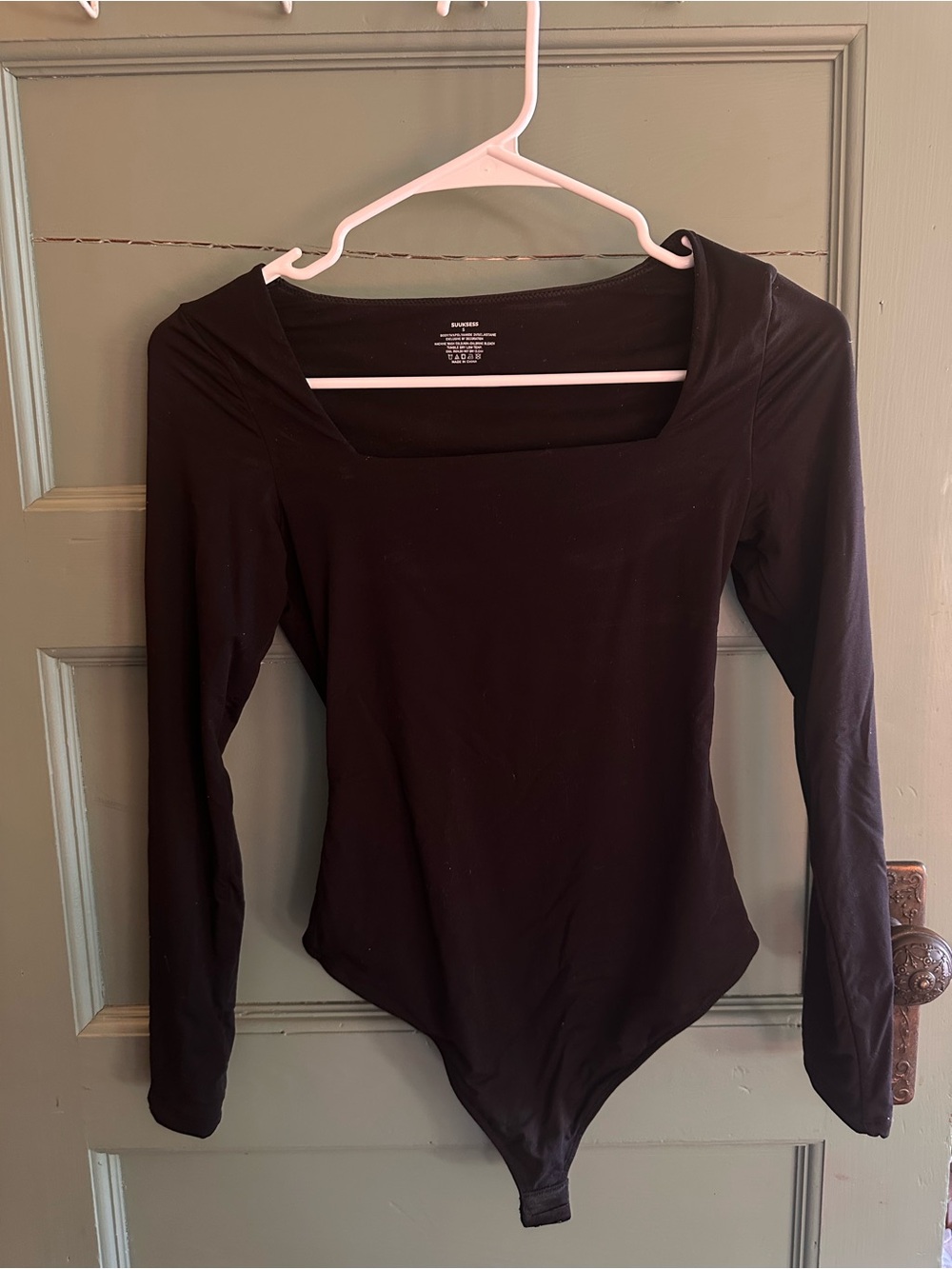 Long-Sleeve Square Neck Black Thong Bodysuit